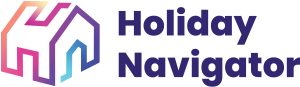 Logo for Holiday Navigator. Features a stylized, gradient outline of a house in colors ranging from pink to blue on the left, and the text "Holiday Navigator" in bold, dark blue letters on the right.