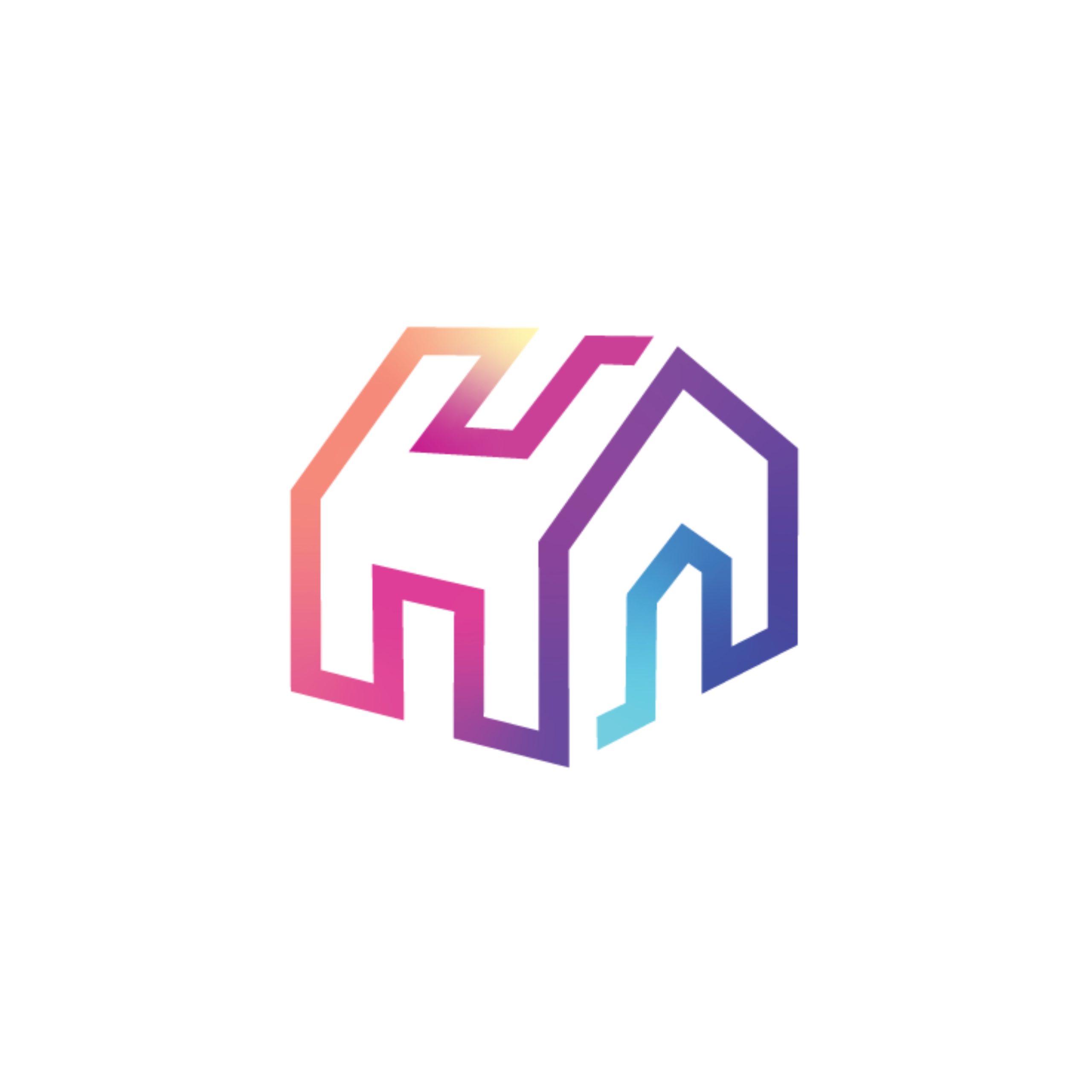 A modern, colorful logo featuring an abstract house outline. The design elements form the shape of the letters "H" and "A" intertwined, with a gradient from pink and orange on the left to blue and purple on the right. The background is white.