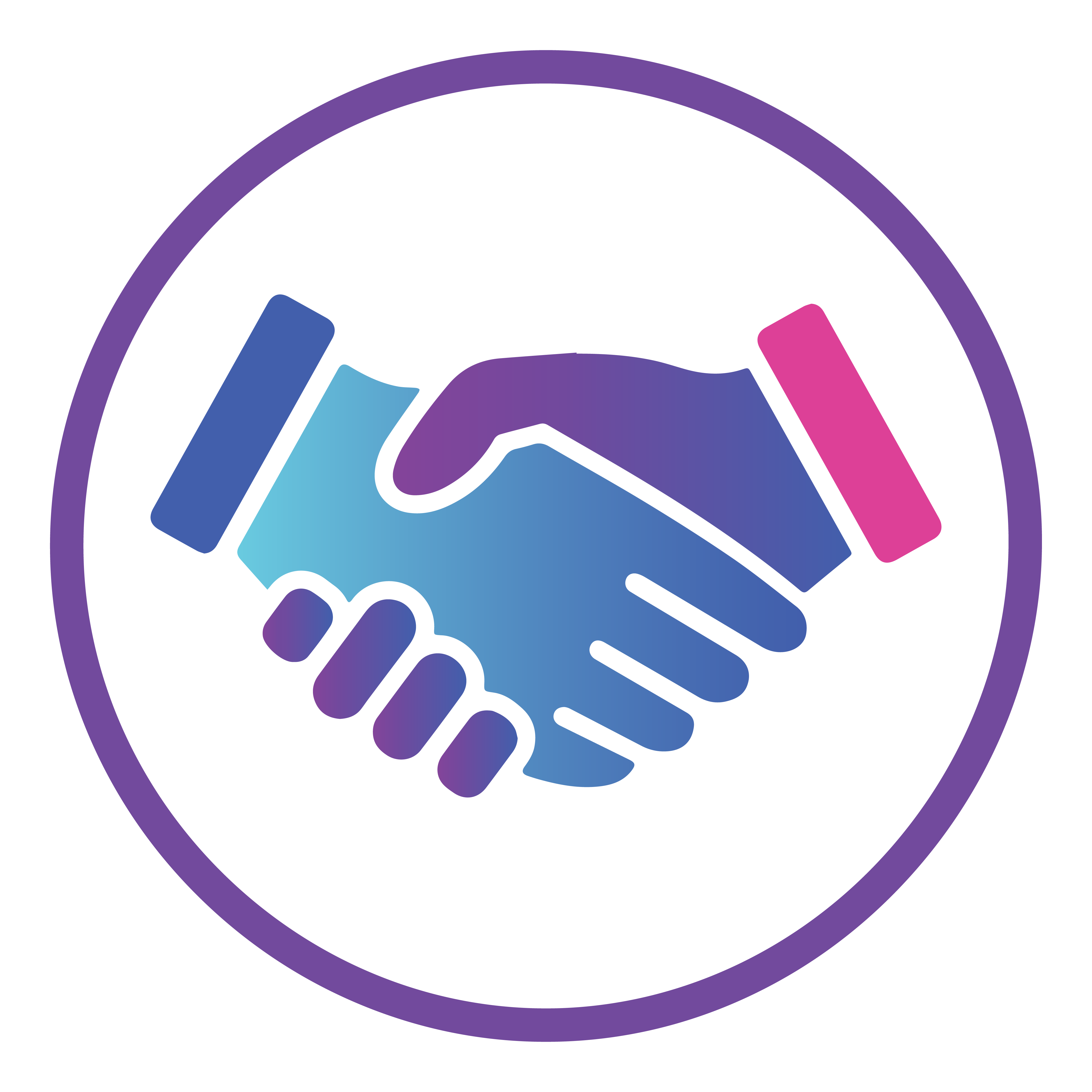 An icon of two hands shaking, one blue and the other purple, enclosed in a purple circular border. The blue hand has a purple cuff, and the purple hand has a pink cuff, conveying a sense of collaboration or agreement. The background is white.