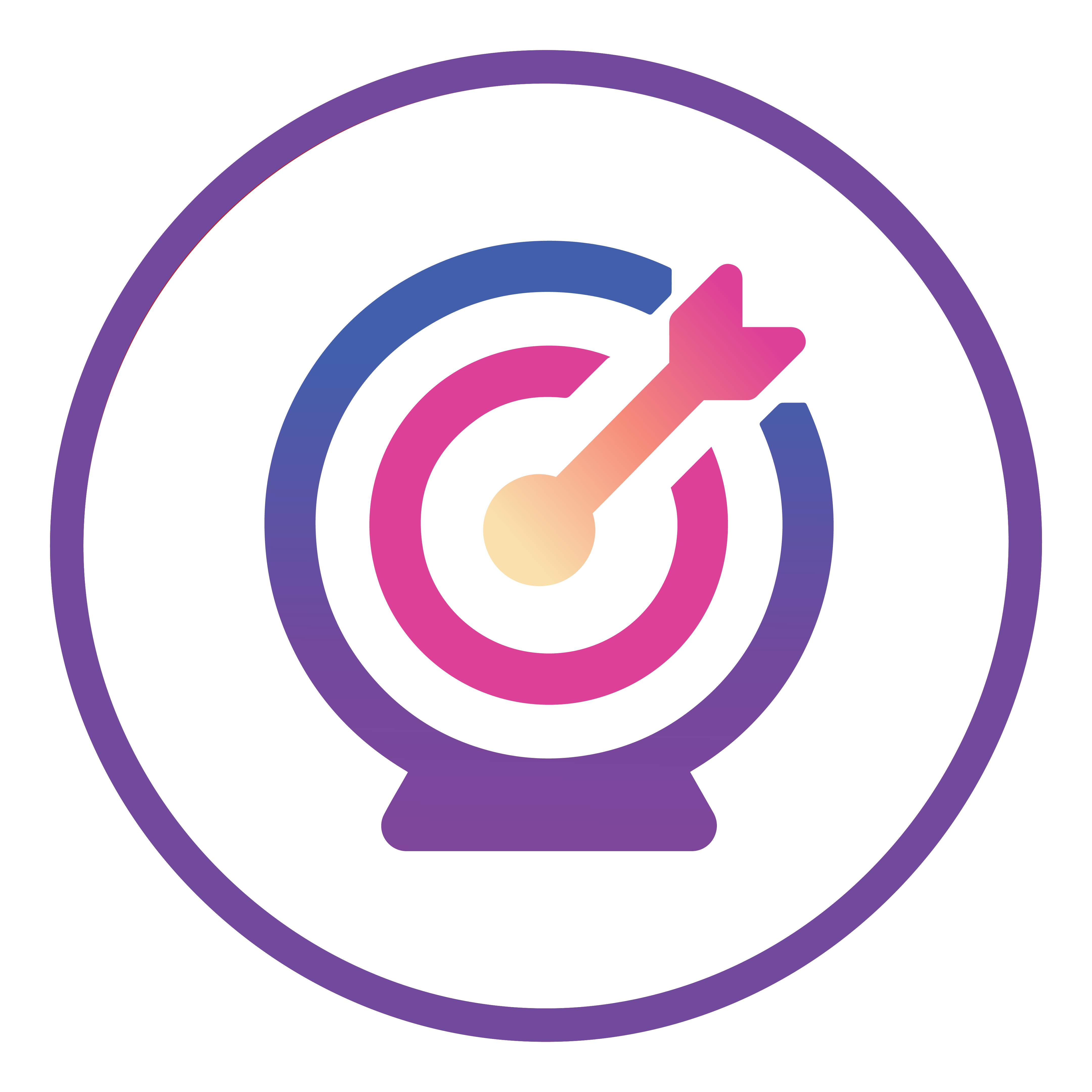 An icon featuring a stylized bullseye target with concentric circles in blue and pink hues, and an arrow hitting the center. The entire design is enclosed within a purple circular border.