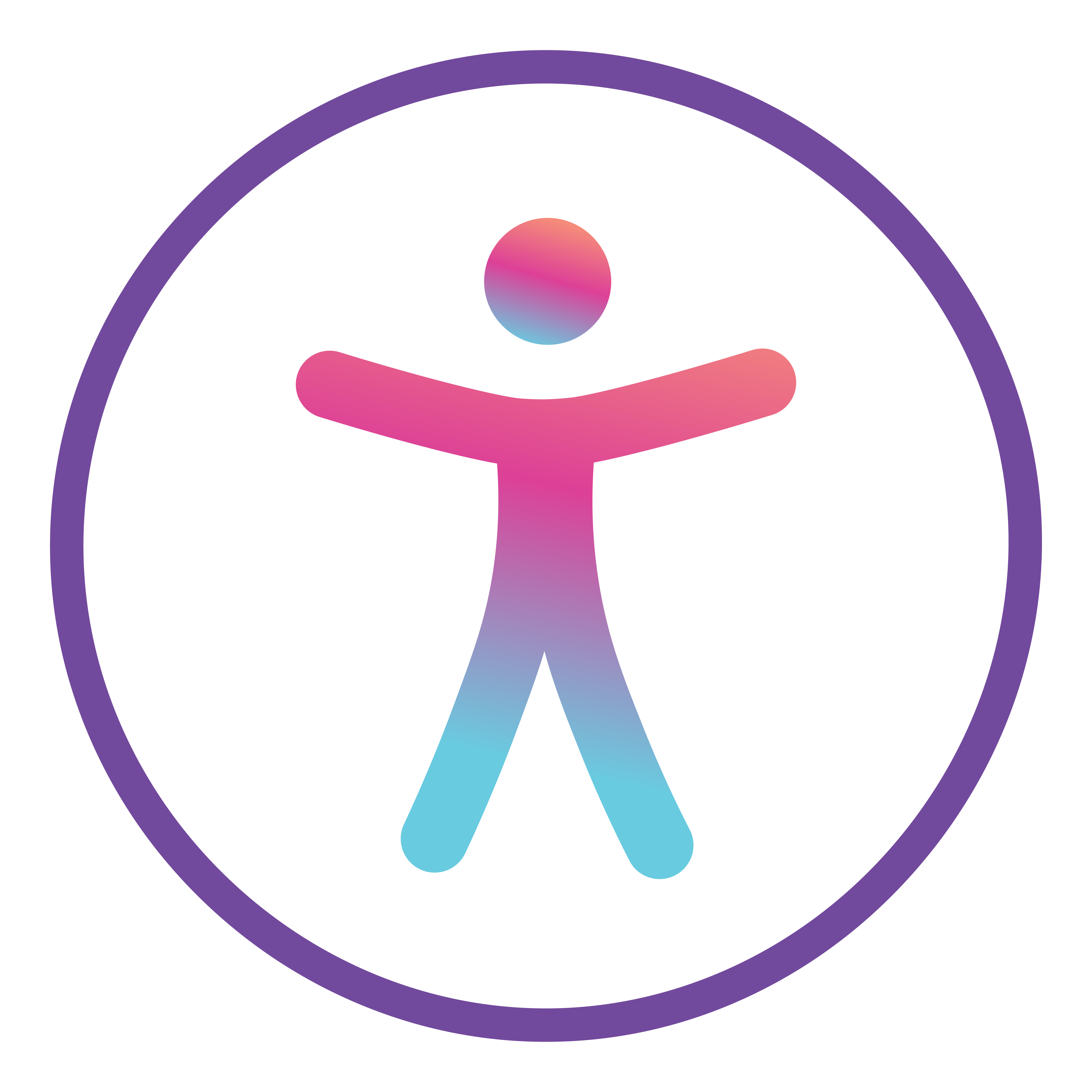 A stylized human figure with outstretched arms inside a purple circle. The figure has a gradient color scheme transitioning from pink in the upper body to blue in the lower body. The circle and figure are set against a white background.